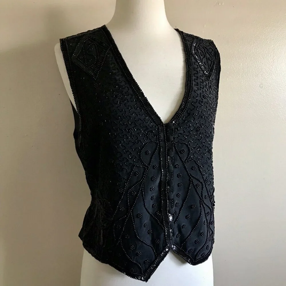 Vintage 90s Spencer Jeremy Black Beaded Sequin Silk Vest - Size M - Picture 2 of 8